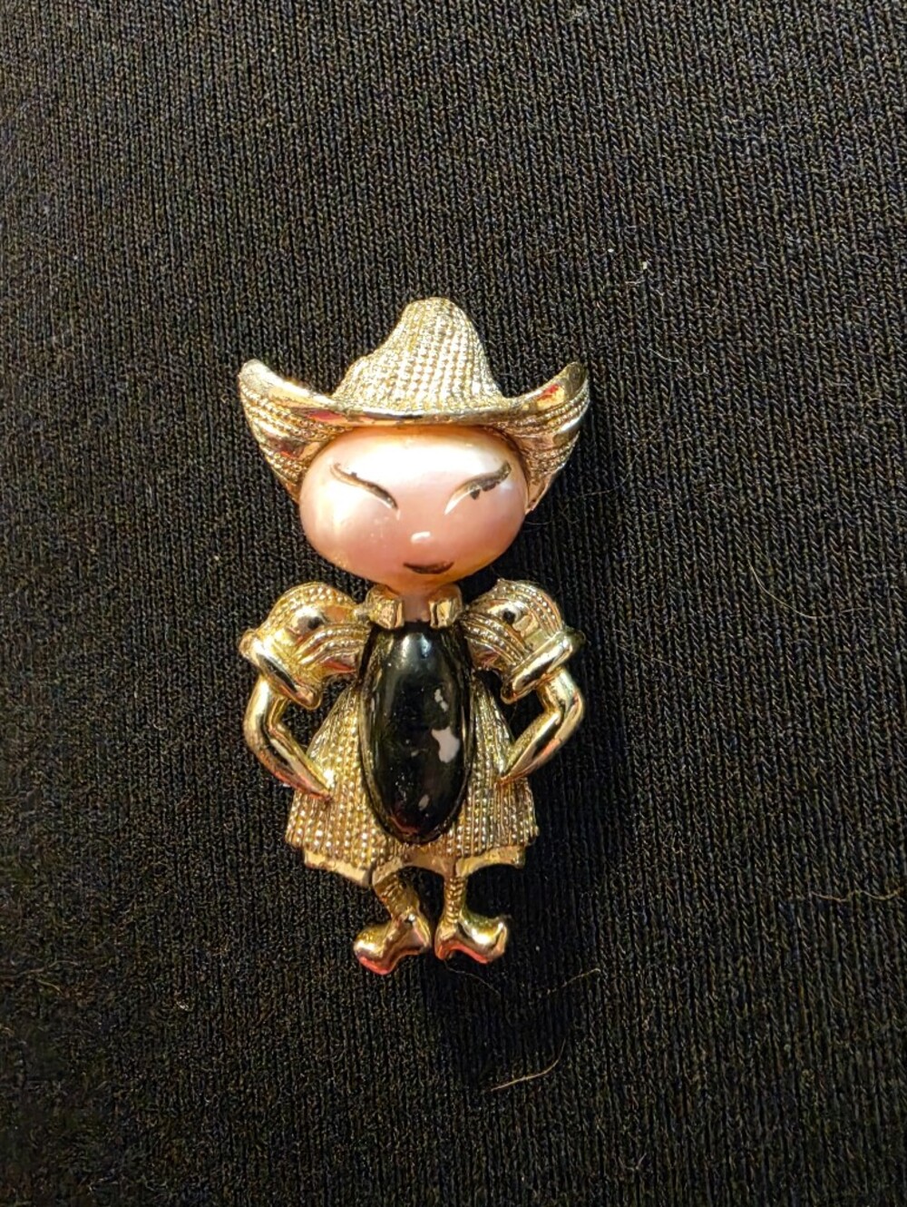 Gold and Black Enamel Character Pin Brooch